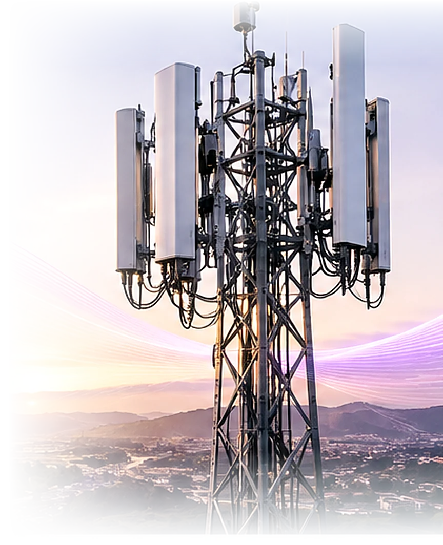 Torre de telecomunicações com antenas 4G e 5G sobre uma cidade ao entardecer